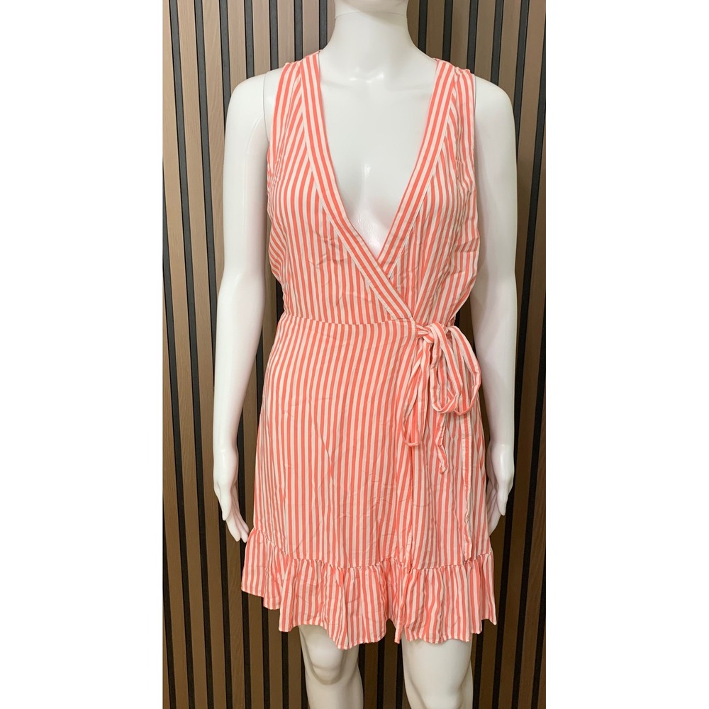 J.Crew Women's XS Pink White Striped Sleeveless Ruffle Wrap Mini Dress Rayon